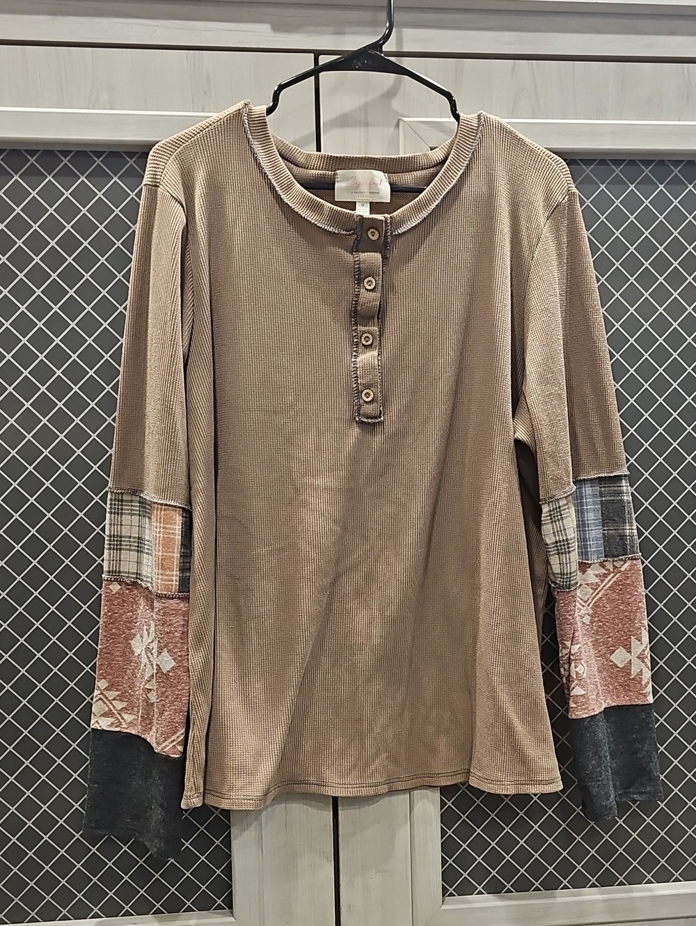 Sugarfox Taupe Patchwork Henley Long-Sleeve Top 1X